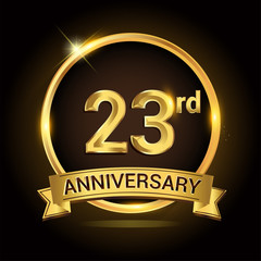 23rd golden anniversary logo, with shiny ring and ribbon, laurel wreath isolated on black background, vector design