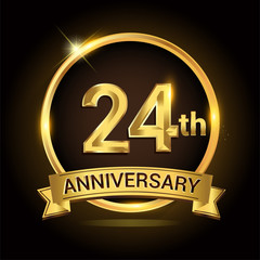24th golden anniversary logo, with shiny ring and ribbon, laurel wreath isolated on black background, vector design