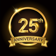 25th golden anniversary logo, with shiny ring and ribbon, laurel wreath isolated on black background, vector design