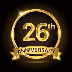 26th golden anniversary logo, with shiny ring and ribbon, laurel wreath isolated on black background, vector design