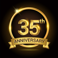 35th golden anniversary logo, with shiny ring and ribbon, laurel wreath isolated on black background, vector design