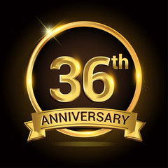 36th golden anniversary logo, with shiny ring and ribbon, laurel wreath isolated on black background, vector design