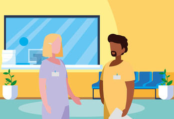 interracial couple medicine workers in reception hospital