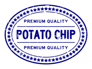Grunge blue premium quality potato chip oval rubber seal stamp on white background