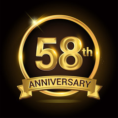 58th golden anniversary logo, with shiny ring and ribbon, laurel wreath isolated on black background, vector design