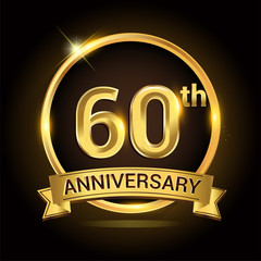 60th golden anniversary logo, with shiny ring and ribbon, laurel wreath isolated on black background, vector design