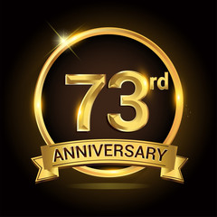 73rd golden anniversary logo, with shiny ring and ribbon, laurel wreath isolated on black background, vector design