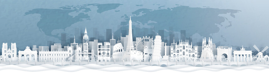 Panorama postcard and travel poster of world famous landmarks of europe, Holland, France, Germany, Belgium, Spain and England in paper cut style vector illustration © ChonnieArtwork 