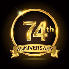 74th golden anniversary logo, with shiny ring and ribbon, laurel wreath isolated on black background, vector design