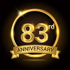 83rd golden anniversary logo, with shiny ring and ribbon, laurel wreath isolated on black background, vector design