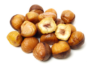 chinese food, peeled roasted chestnut on white background