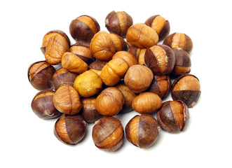 chinese food, peeled roasted chestnut on white background