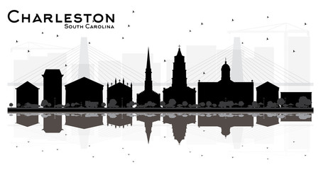 Obraz premium Charleston South Carolina City skyline silhouette with black Buildings Isolated on white.
