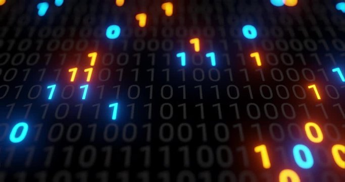 Abstract seamless blue and orange digital binary code matrix background loop. Motion graphic for Big data information technology, data center, block chain, server, internet, hi-speed. 3D rendering