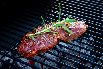 BBQ Beef Steak On Grill With Rosemary Pepper And Salt - Barbecue