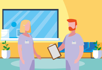 Obraz premium couple medicine workers in hospital reception