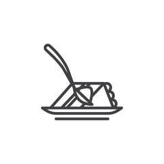 Plate with cake slice line icon. linear style sign for mobile concept and web design. Piece of cake with spoon and saucer outline vector icon. Symbol, logo illustration. Pixel perfect vector graphics