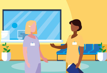 Fototapeta premium interracial female medicine workers in hospital reception