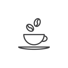 Coffee cup line icon. linear style sign for mobile concept and web design. Coffee beans and cup with saucer outline vector icon. Coffee shop symbol, logo illustration. Pixel perfect vector graphics