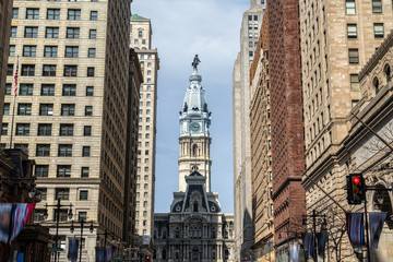 Closeup clock tower of Philadelphia city hall at afternoon, Architecture and building with tourist...
