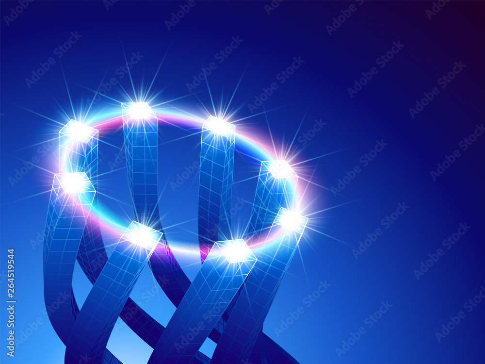 Poster Abstract technology concept with connected architectural columns and ring of digital data light