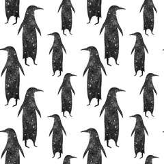 Naklejka premium Seamless penguins pattern. Black and white background.