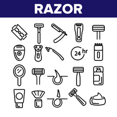 Razor, Shaving Accessories Vector Linear Icons Set. Razor, Male Hygiene Thin Line Illustrations Collection. Modern, Retro Style Shaving Equipment, Electronics. Barbershop Services Contour Pictograms