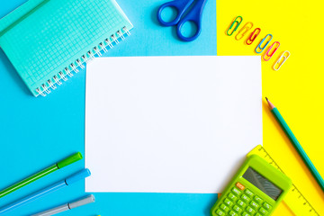 School and office supplies. Workspace top view, copy space. Desk office with pencil, notebook, and other office supplies. Flat lay. Office table desk. Back to school concept. Children accessories.