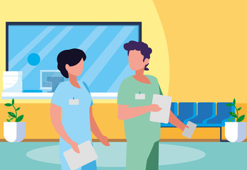 couple medicine workers in hospital reception