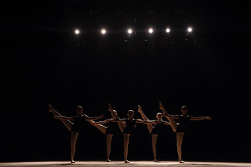 A choreographed dance of a group of graceful pretty young ballerinas practicing on stage in a...
