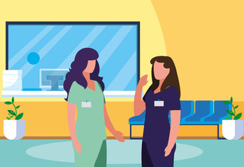 female medicine workers in hospital reception