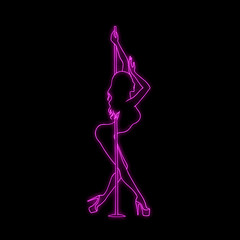 Vector silhouette of girl and pole with neon effect. Pole dance illustration for fitness, striptease dancers, exotic dance. Vector illustration EPS10 for logotype, badge, icon, logo, banner, tag.