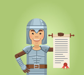 Illustration of a medieval knight posing with a scroll. Cheerful knight holding a document, making an announcement. Flat style vector illustration