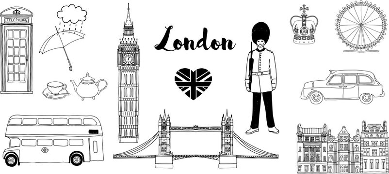 Hand drawn London illustration set. 