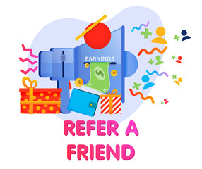 megaphone calling friends to join the referral program, additional bonuses and earnings from invited users, Landing Page Vector Illustration