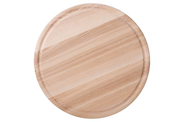 round wooden board for cutting or serving dishes, flat lay, on a white background