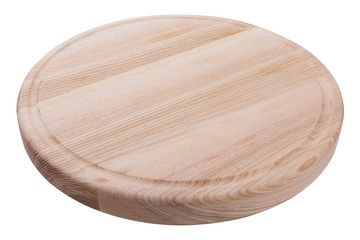 new round wooden board for cutting or serving dishes, on a white background