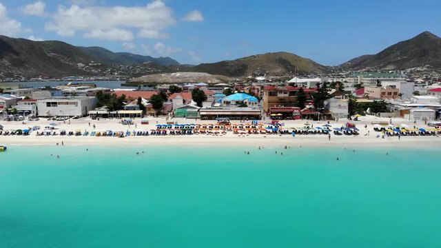 Aerial View of the Caribbean Beach Aerial footage of Great Bay Beach, Philipsburg, Sint Maarten/Saint Martin, Caribbean Islands