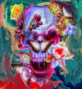 Skull with mushrooms and flowers