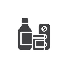 Medicine bottle and pills vector icon. filled flat sign for mobile concept and web design. Medical drugs glyph icon. Healthcare symbol, logo illustration. Pixel perfect vector graphics