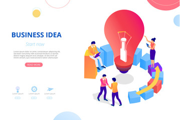 Business idea and project. Homepage, landing page or webpage design template with people and lightbulb.