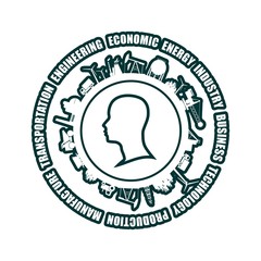 Circle with industry relative silhouettes and head icon. Objects located around the circle. Industrial design background.