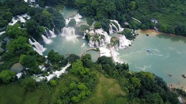 Aerial view waterfall. Ban Gioc waterfall or Detian waterfall is a collective name for two waterfalls in border Cao Bang, Vietnam and Daxin County, China. Amazing landscape nature in Vietnam and China