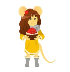 Cartoon rat with a red cupcake. Year of the rat. Chinese horoscope. Beauty mouse.