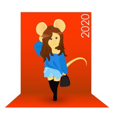 Cartoon rat with a handbag. Year of the rat. Chinese horoscope. Beauty mouse. 2020