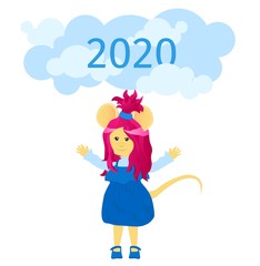 Cartoon rat with clouds. Year of the rat. Chinese horoscope. Beauty mouse.	