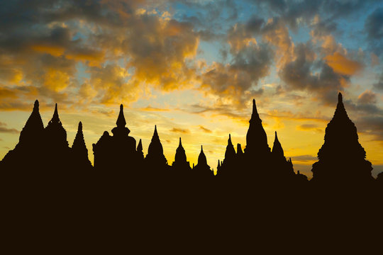 Sunset in buddhist temple,stupa,in the historical park of Bagan,Myanmar