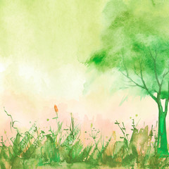 Obraz na płótnie Canvas Watercolor tree of green color. Autumn countryside landscape. Bush, tree, aspen, linden, oak, poplar, wild grass, forest plant. Handmade drawing. Stylish, trendy art background. Modern art