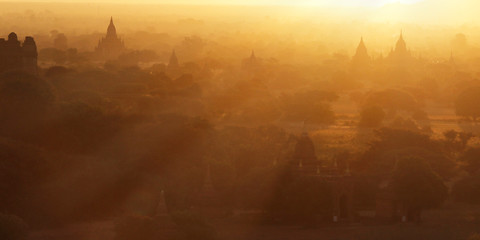 Sunset in buddhist temple,stupa,in the historical park of Bagan,Myanmar