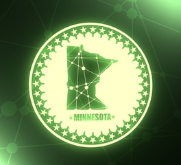 Image relative to USA travel. Minnesota state map textured by lines and dots pattern. Stamp in the shape of a circle. 3D rendering. Neon bulb illumination